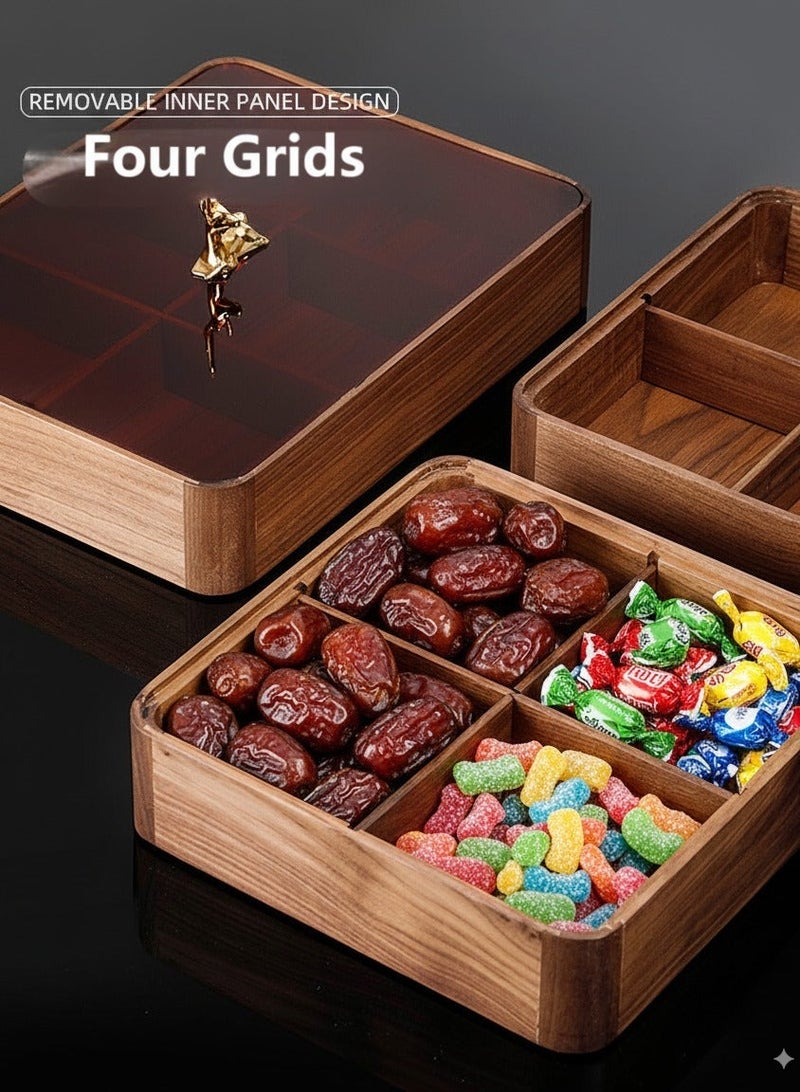 Solid Wood Dates Box with 4 Grids - Gold Deer Accent & Frosted Glass Cover, Ramadan Serving Storage for Dates/Candy,home decor - Image 4